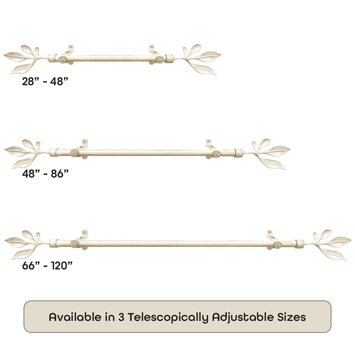 PowerSellerUSA Decorative Telescopic Metal Curtain Rod, 28" to 48" Contemporary Round PVC Finials, Ultra Durable Brackets 3/4" Diameter Window Drapery Rod, Cream/Gold - Leaf Finial
