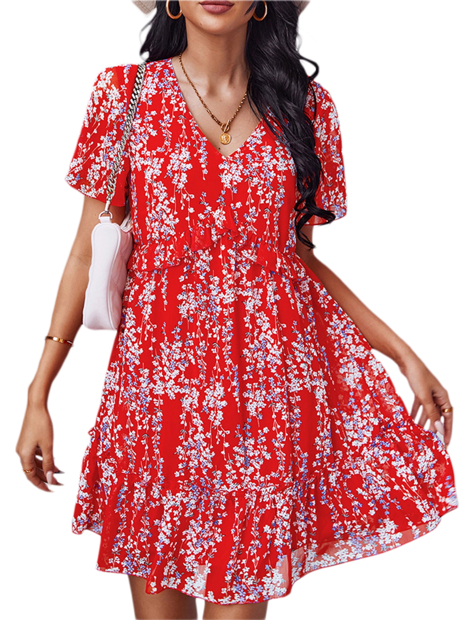 Women's Retro Colorful Sfumato Art Print Round Neck Short Sleeve Long Dress