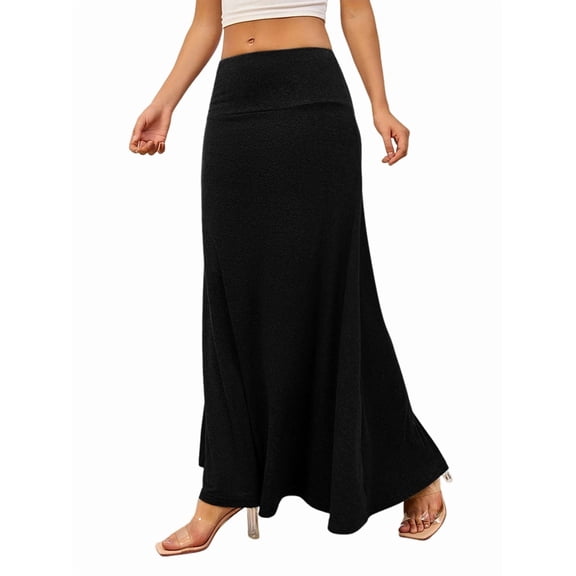Women'S Casual Mid Long Skirts Stretchy Ultra-Soft Flowy Maxi Formal Skirts High Waist Lounge Skirts for Women Black XXL