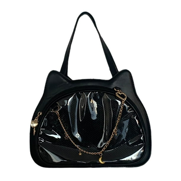 Bolso de hombro informal de piel sintética con forma de gato transparente para damas y niñas. Negro