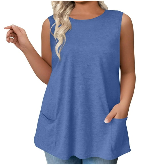 Fnooota Women's Plus-size Tank Tops with Pockets, Basic Loose Fit Crew Neck 2025 Cotton Summer Sleeveless Tops Blue Size L-5XL