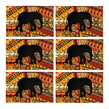 

MKHERT Elephant Silhouette On Tribal Ethnic Background Placemats Table Mats for Dining Room Kitchen Table Decoration 12x18 inch Set of 6