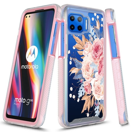 Moto G 5G Plus Case, Moto One 5G Case, Rosebono Graphic Design Shockproof Impact Resistant Protective Full-Body Rugged Clear Hybrid Bumper Case fOR Moto G 5G Plus / One 5G (Pink Flower)