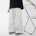 thumbnail image 3 of Krdevn Boys Solid Drawstring Wide Leg Parachute Pants Fall Summer Lightweight Windbreaker Trousers with Pockets 6-7 Years,White, 3 of 5