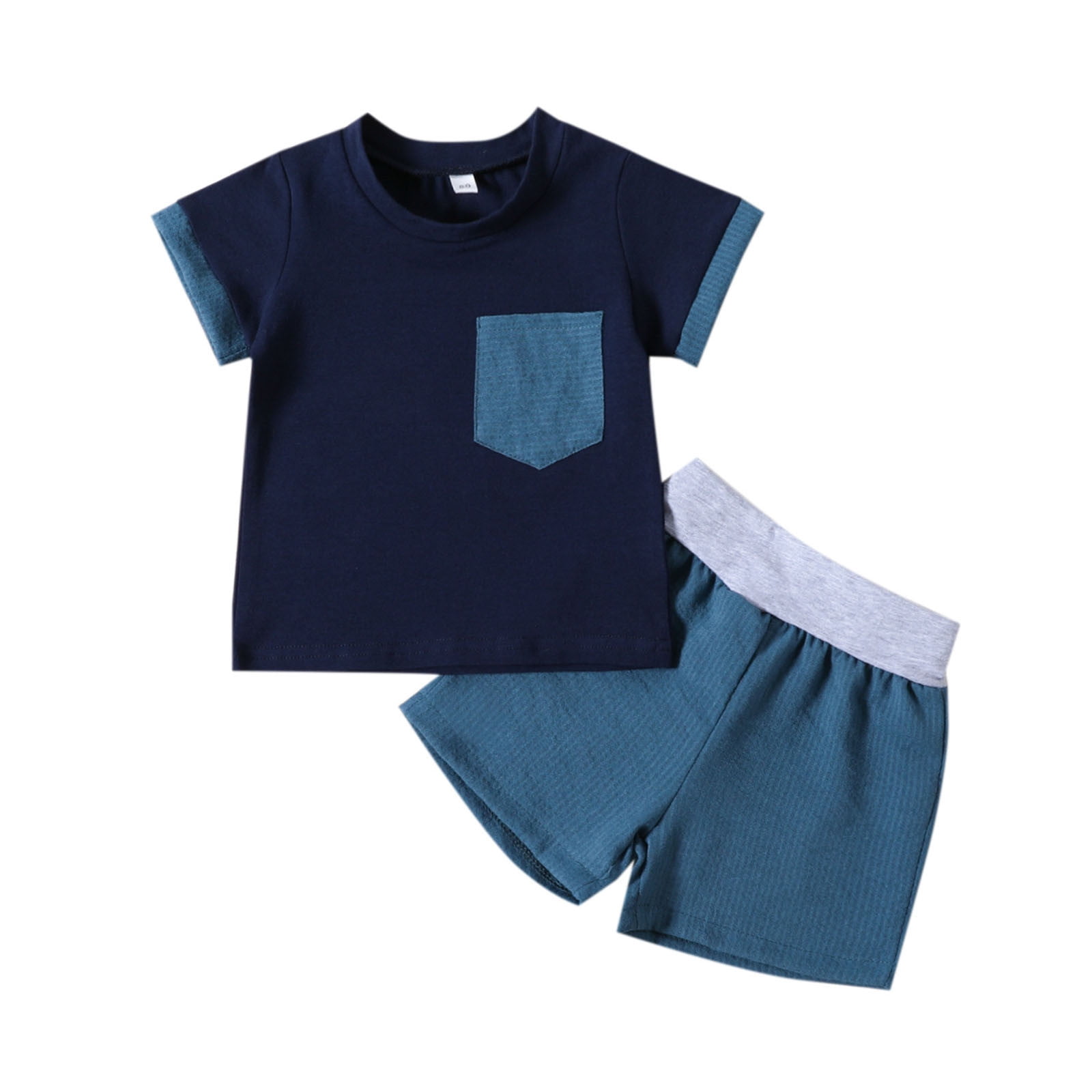 TOWED22 Toddler Baby Boy Summer Clothes Set Short Sleeve Checkered Tops Shorts Novelty Color Block Outfits Blue 9 12 M