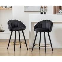 Guyou 25.5" Bar Stool Set of 2, Modern Velvet Upholstered Counter Height Barstools with Petal Back and Gold Metal Ring Footrest for Kitchen Island Home Bar Restaurant, Black
