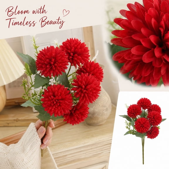 3‑Pack Bright Red Artificial Pompon Mums, Faux Silk Chrysanthemum with Stems, Fake Floral for Vase Fillers, Fall & Thanksgiving Table Centerpieces & Farmhouse Home Decor