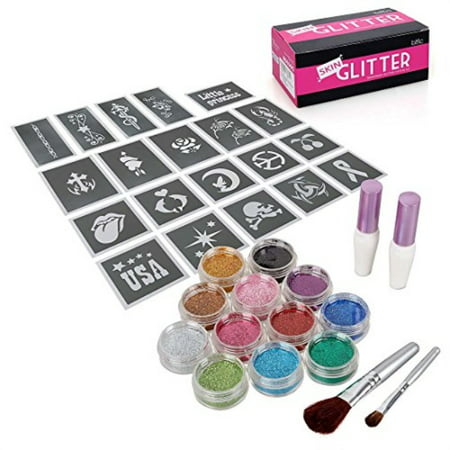 BMC 12pc Party Fun Temporary Fashionable Multi-Color Glitter Shimmer Tattoo Body Art Design Kit with Stencils, Glue and Brushes