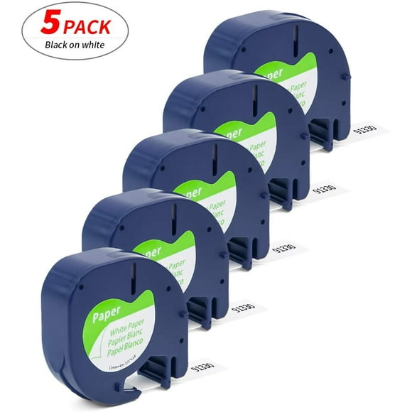 5PK Compatible DYMO LetraTag 91330(10697) Ruban Adhésif Blanc pour LetraTag Plus LT100H LT100T QX50(1/2 Pouce x 13 Pieds 12mm