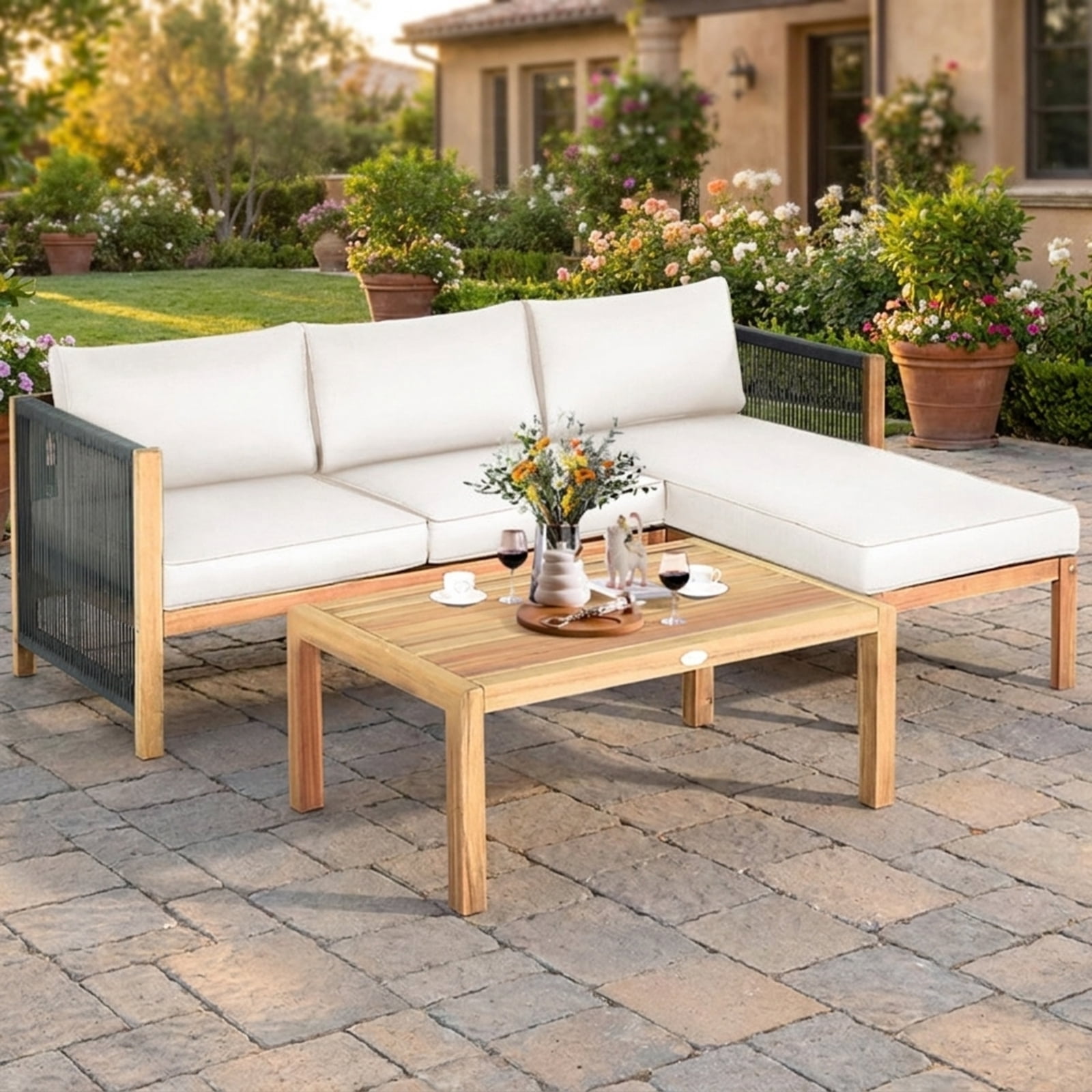 Furnibear 3 Pieces Patio Furniture Set Outdoor Acacia Wood Conversation Sofa Set with Nylon Rope Armrest and Thick Padded Cushions for Backyard Garden Deck, White