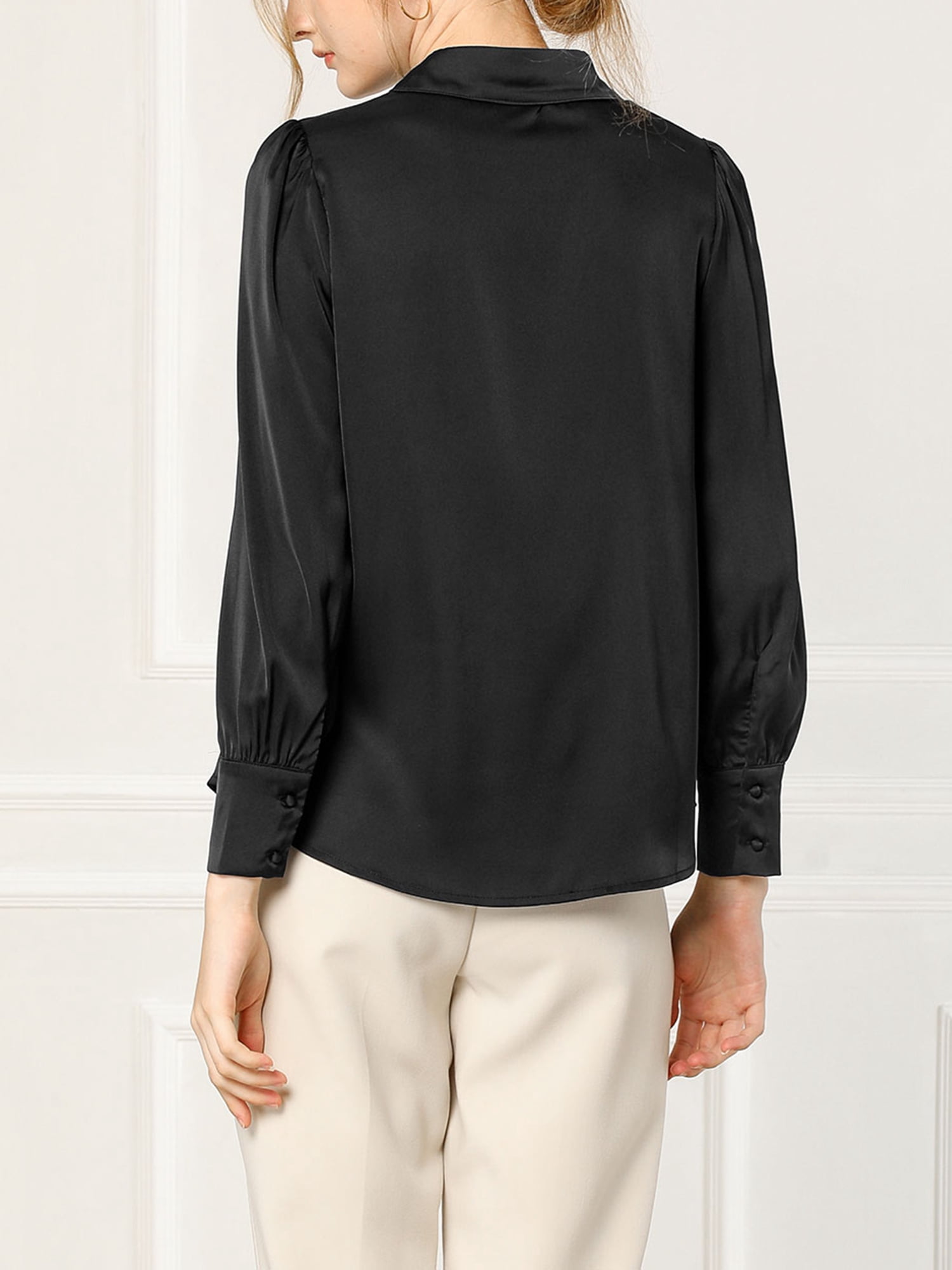 DARING DIVA Women's Satin Blouse Puff Long Sleeve Collared Button Down Shirt M Black