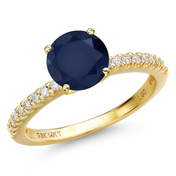 Gem Stone King 14K Yellow Gold Blue Sapphire and Lab Grown Diamond Engagement Ring for Women | 2.62 Cttw | Round 8MM | Gemstone September Birthstone | Size 7