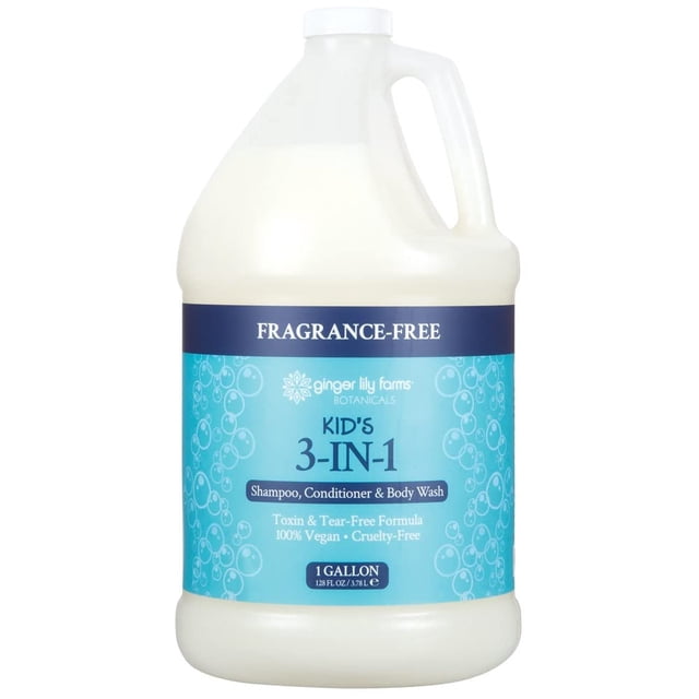Ginger Lily Farms Botanicals Champú acondicionador y gel de baño 3 en 1 para niños Fórmula sin desgarros vegano y libre de crueldad animal Sin fragancia Recambio de 1 galón (128 fl oz)