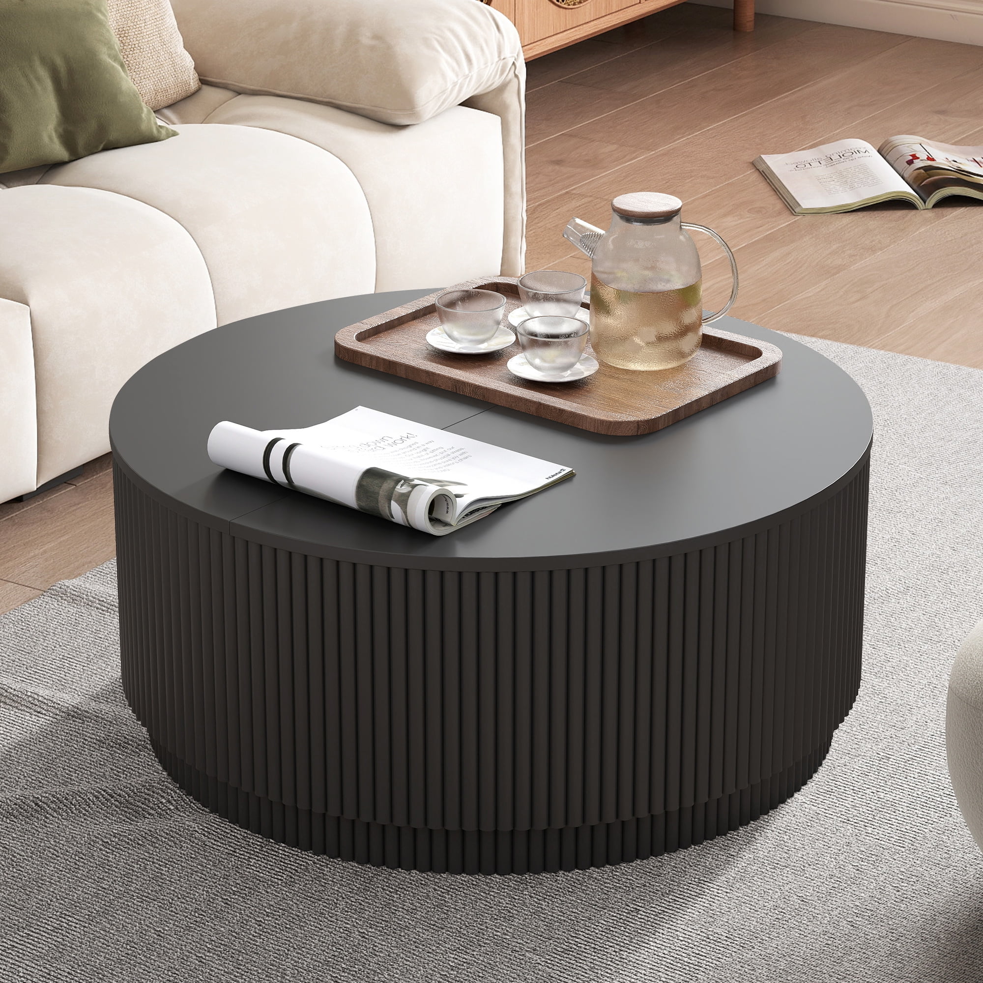 PHOYAL 31.5" Fluted Round Coffee Table with Flip Top and Hidden Compartments Storage for Living Room, Black