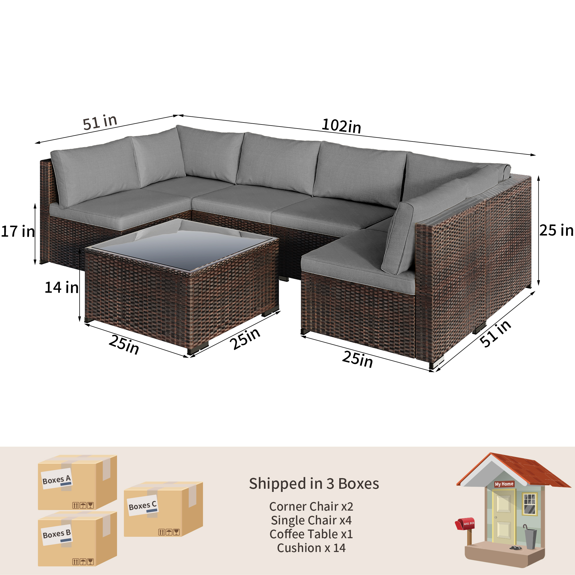 All-Weather 7 Piece Patio Furniture Set, Rattan Wicker Outdoor Conversation Sectional Sofa Set with Glass Table, Gray