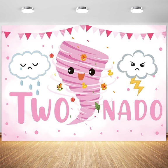Two Nado Birthday Backdrop for Girls 2nd Birthday Party Photography Background Cute Cartoon Pink Tornado Birthday Banner Decorations Cake Table Supplies Photo Studio Props