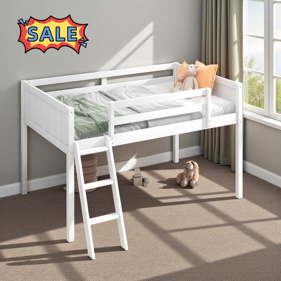Tcbosik Loft Bed with Built-in Ladder and Full Length Guardrail, Twin Size Bed Frame for Bedroom, Wood Slats Support, No Box Spring Needed, White