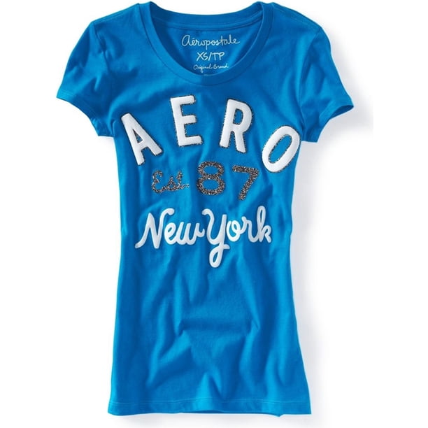 Aeropostale Mujer Aero Est. Camiseta gráfica 87 Glittery, azul, mediana Aeropostale Camiseta gráfica