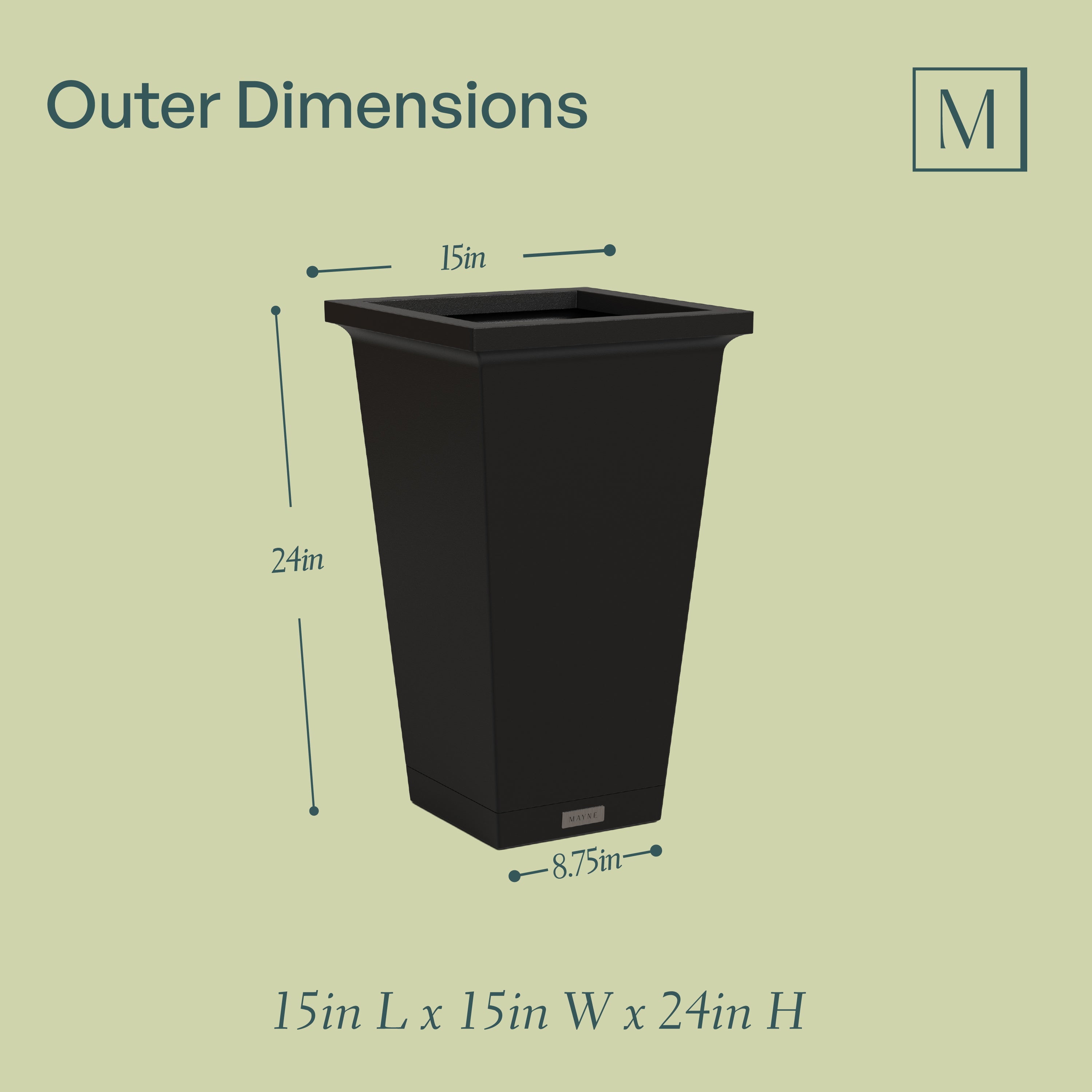 Mayne Evolve 14.5" x 14.5" x 24" Square Black Plastic Planter with Drip Tray