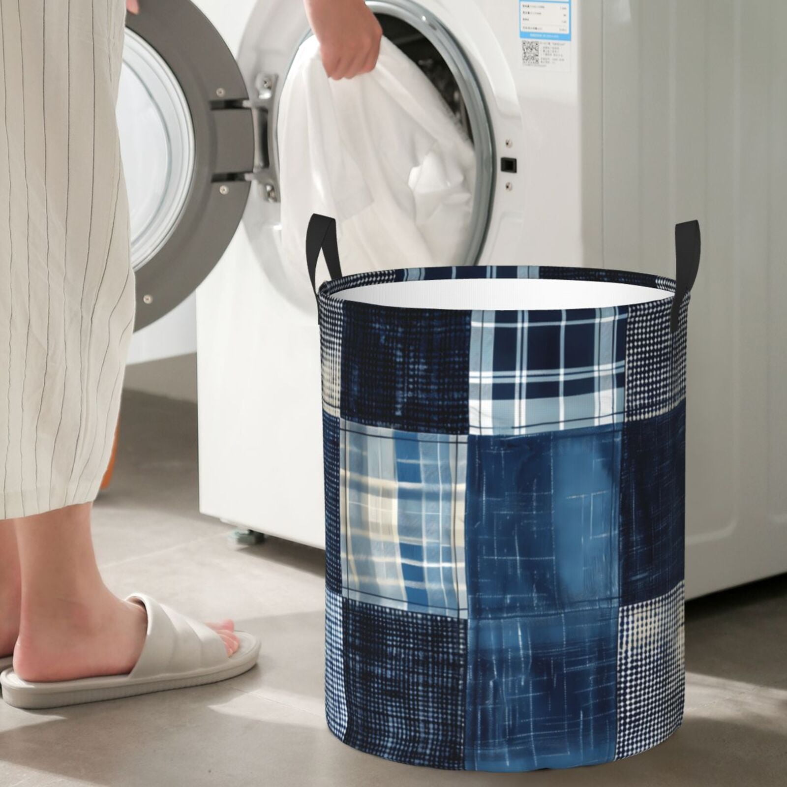 Large Laundry Basket with Handles - Indigo Patchwork Quilt Kids Baby Dirty Clothes Laundry Hamper for Bedroom Aesthetic
