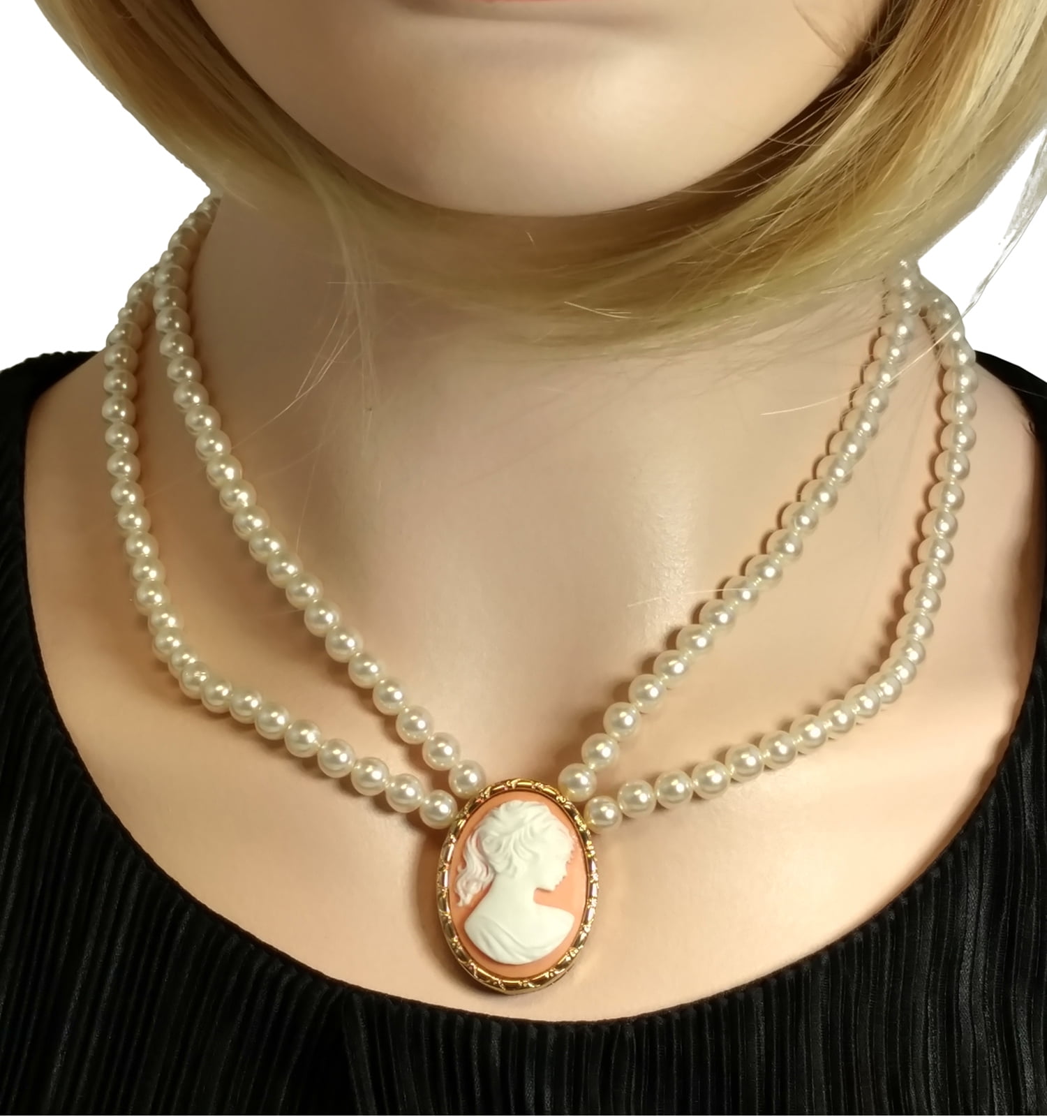 Double Strand Faux Pearl Cameo 925 Gold Vermeil Collar Necklace 18
