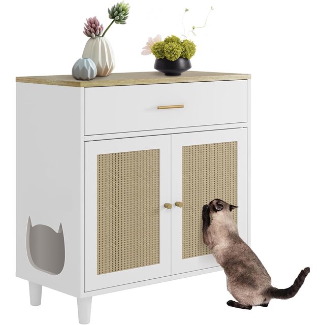 Hidden Cat Litter Box Furniture with Storage Drawer & Sisal Doors
