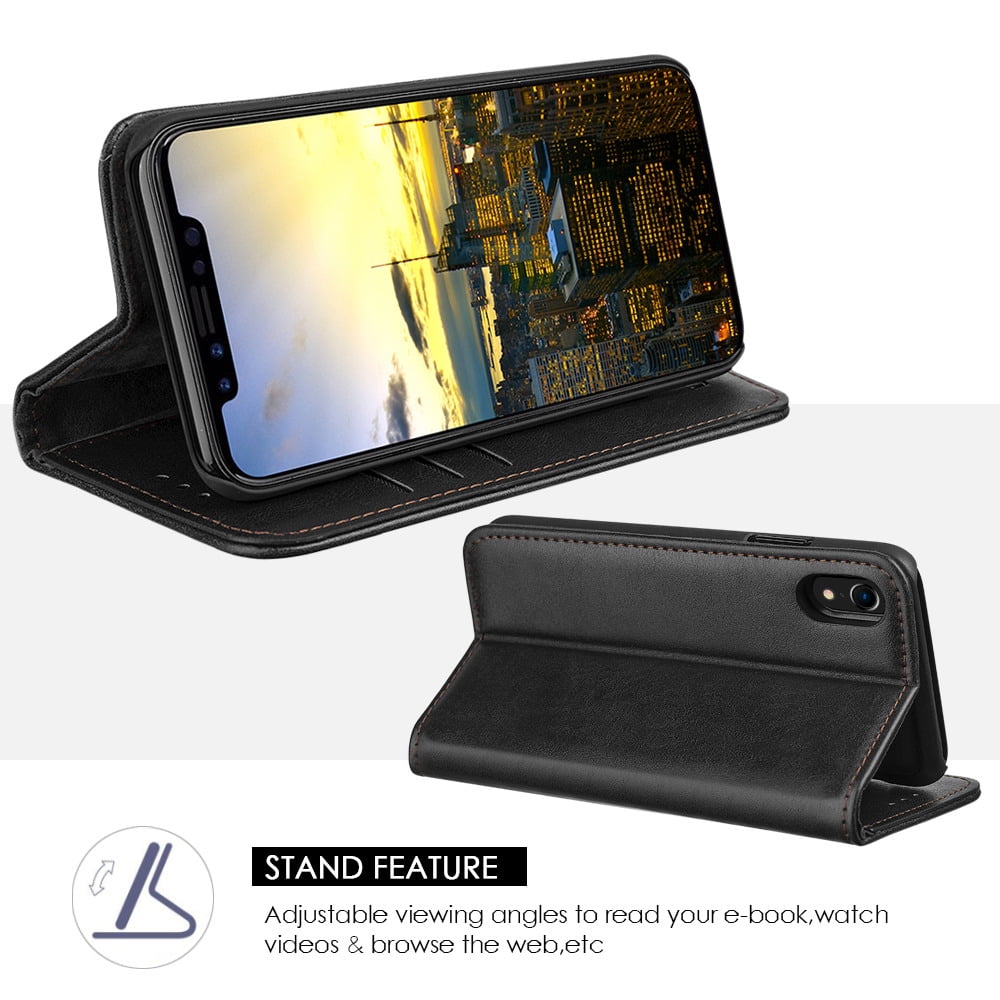 BUNDLE PACK: Vegan Leather Wallet Flip Case with Kickstand & Credit Card Slots (Black) Includes Tempered Glass Screen Protector for Apple iPhone XR