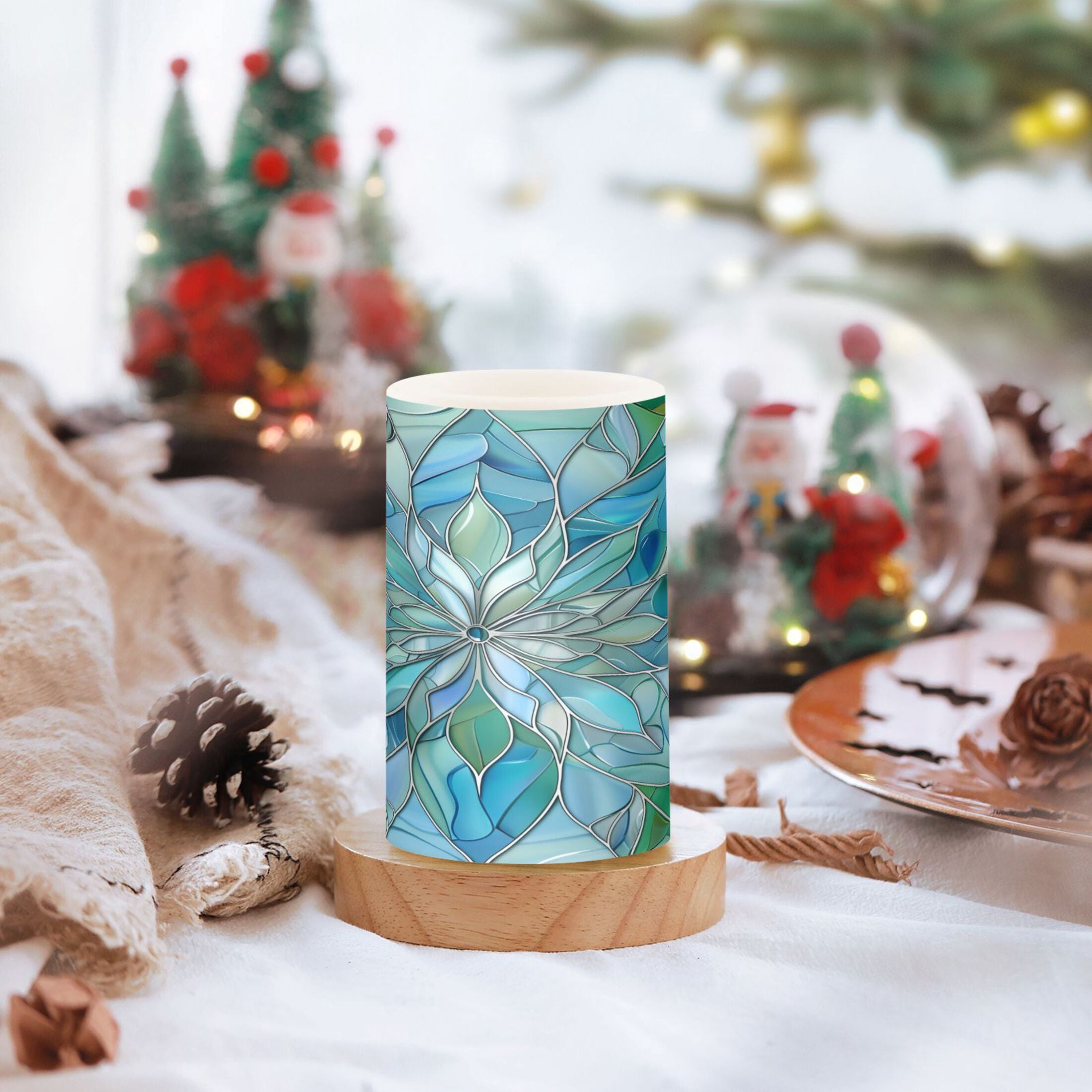 Flickering Flameless LED Candles set of 2 Battery Operated 18-Key Remotes Timer Halloween Fall Decor Blue Green Floral Stained Glass D3''xH4''5''