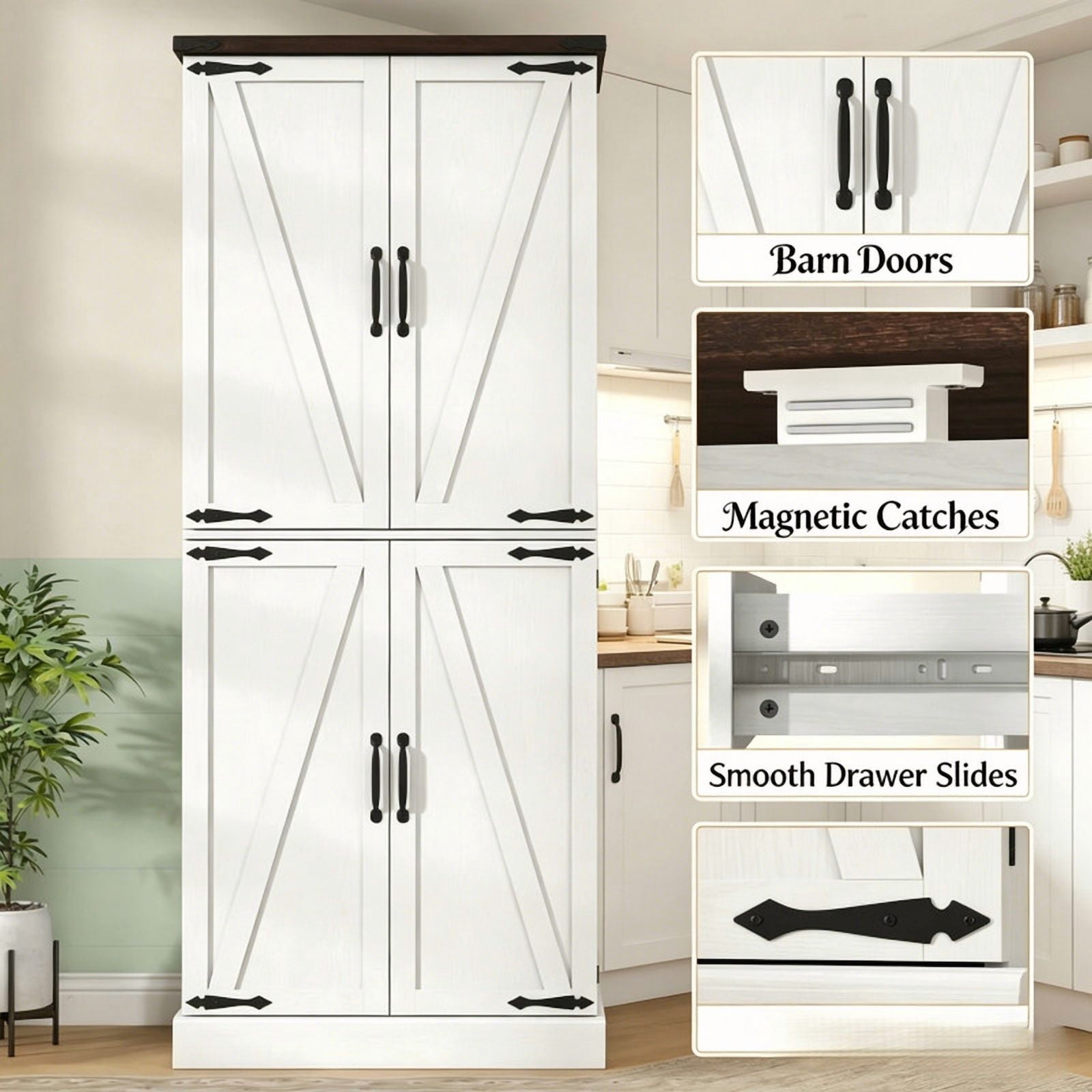 Farmhouse Style Storage Cabinet with Side Rack, Home Bar Sideboard Organizer, Kitchen Pantry Cabinet with Adjustable Shelf