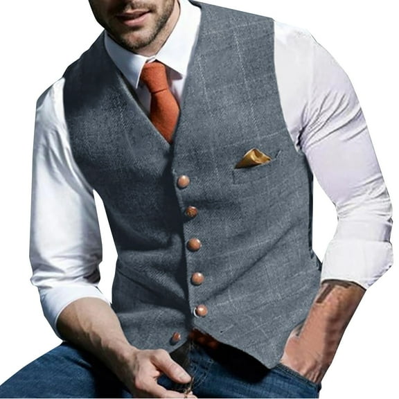 MGCWSH Mens Formal Herringbone Vest Plaid Leisure V-neck Slim Fit Waistcoat for Party Prom Wedding Gray 3XL