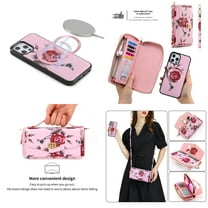 Feishell for iPhone 12 Crossbody Wallet Detachable Case,Support Magsafe Charging,Flower Pattern PU Leather RFID Blocking Multi Card Slots Zipper Phone Case with Shoulder & Hand Strap,Pink