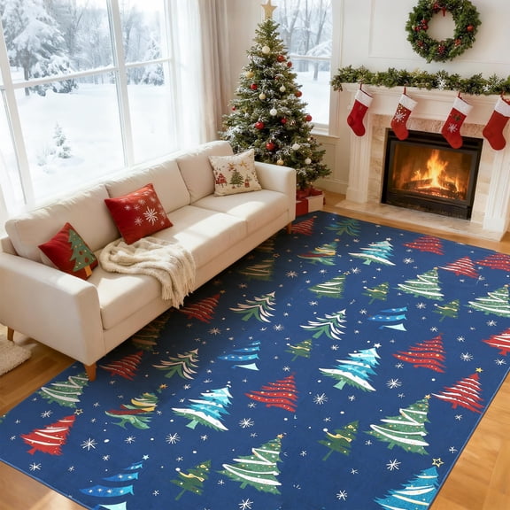 Blue 9x12 Washable Rug for Home Decor,Indoor Non Slip Carpet,Soft Low Pile Christmas Rugs with Xmas Tree Motif for Entryway,Living Room,Bedroom