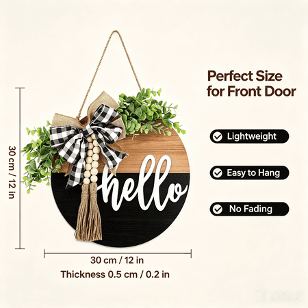 Vruelia Door Sign - Round Welcome Sign for Front Door, Welcome Wreath Sign Hanging Farmhouse Door Sign for Front Door Porch Decor with Eucalyptus Bow Beads for Home Decoration Housewarming Gift