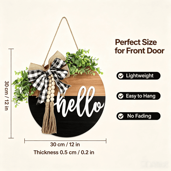 Vruelia Door Sign - Round Welcome Sign for Front Door, Welcome Wreath Sign Hanging Farmhouse Door Sign for Front Door Porch Decor with Eucalyptus Bow Beads for Home Decoration Housewarming Gift