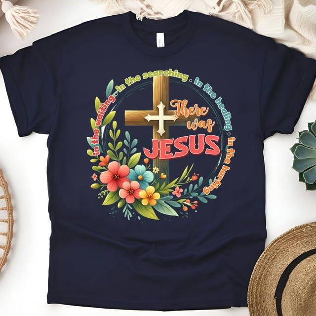 Christian There Was Jesus Cross and Floral Faith Graphic T-Shirt, Navy, Size L