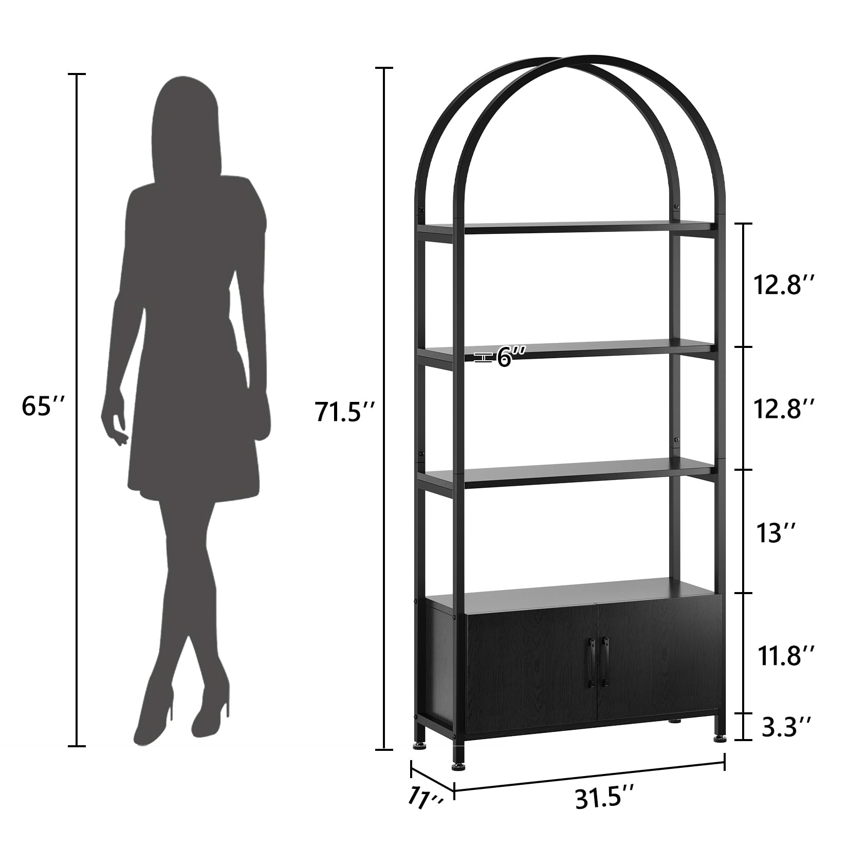 Towallmark 4-Tier Gold Bookshelf with Doors StorageBook Shelf, 71.5“ Tall Arched Book Shelf with Studry Metal Frame and Quality Board for Bedroom Living Room