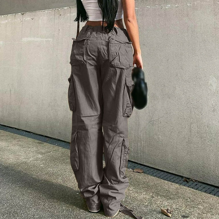 HAXMNOU Women High Waist Baggy Cargo Pants Cargo Jeans Jogger Pocket Loose  Fit Straight Wide Leg Trouser Coffee S