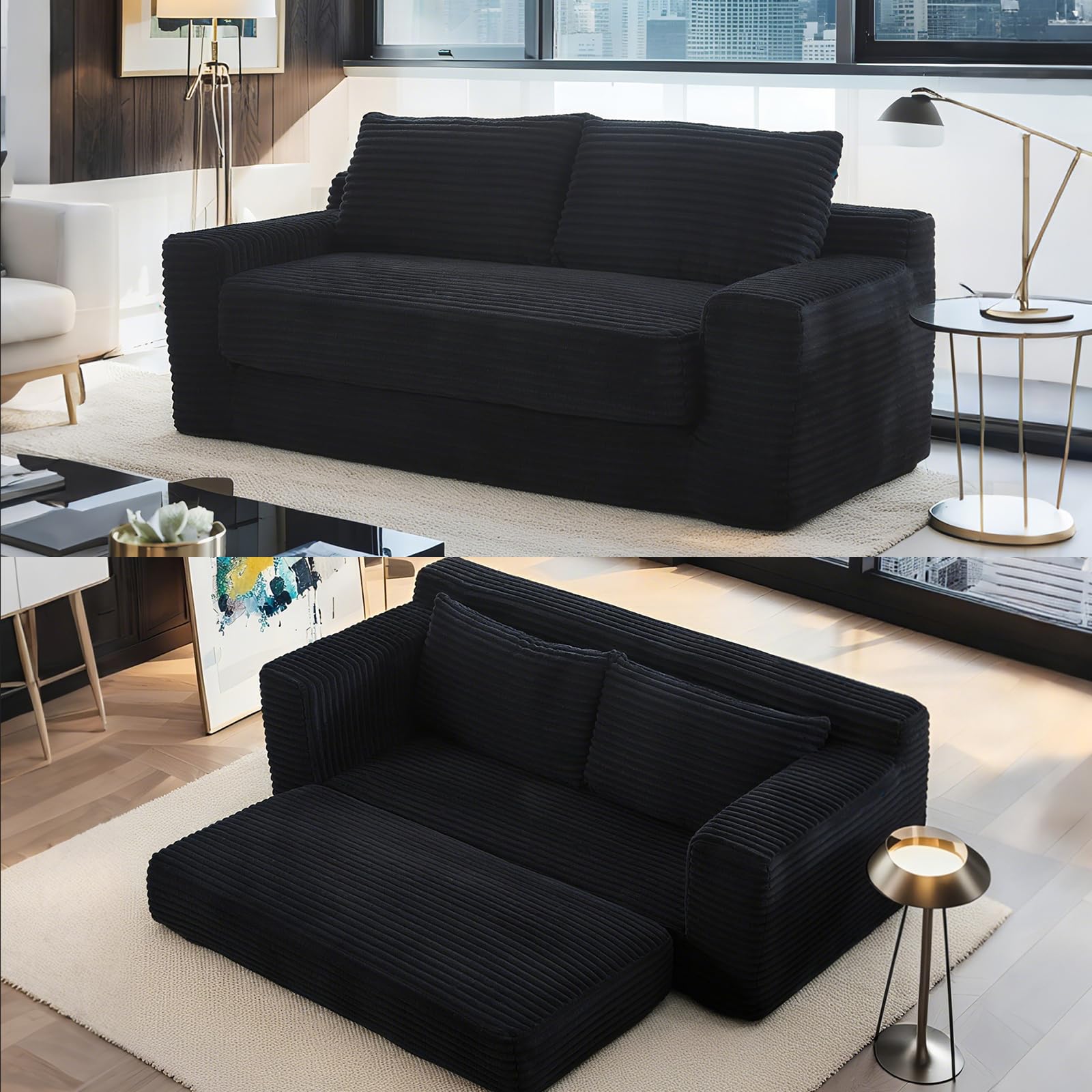 Loveseat Sofa Bed Boneless Couch, Convertible 2-in-1 Design, Corduroy Fabric - Compact Memory Foam Couch for Small Spaces, Apartments, Home Office & Bedroom (Black)