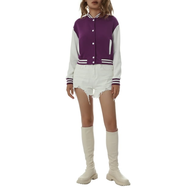 Women Varsity Baseball Jacket Casual Sweatshirt Long Sleeve Colorblock Button Down Cropped Bomber Coat