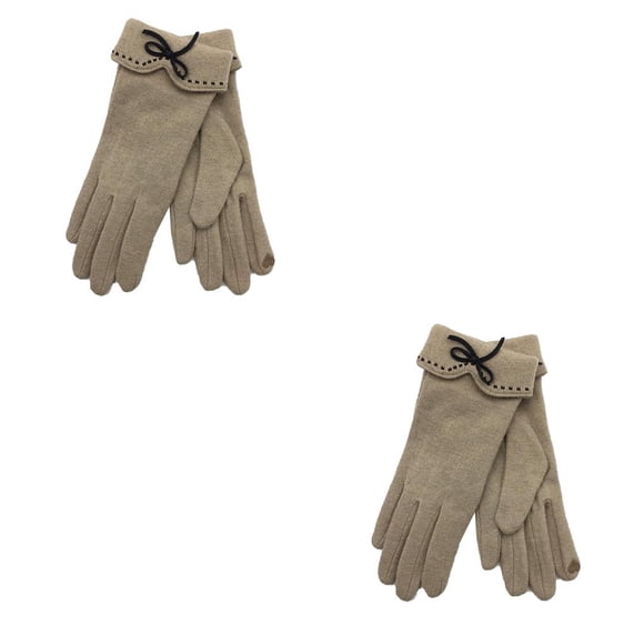 crativent Fashion Elegant Female Cashmere Screen Gloves Winter Women Warm Cashmere Full Finger Leather Bow Gloves Beige coffee 2Set