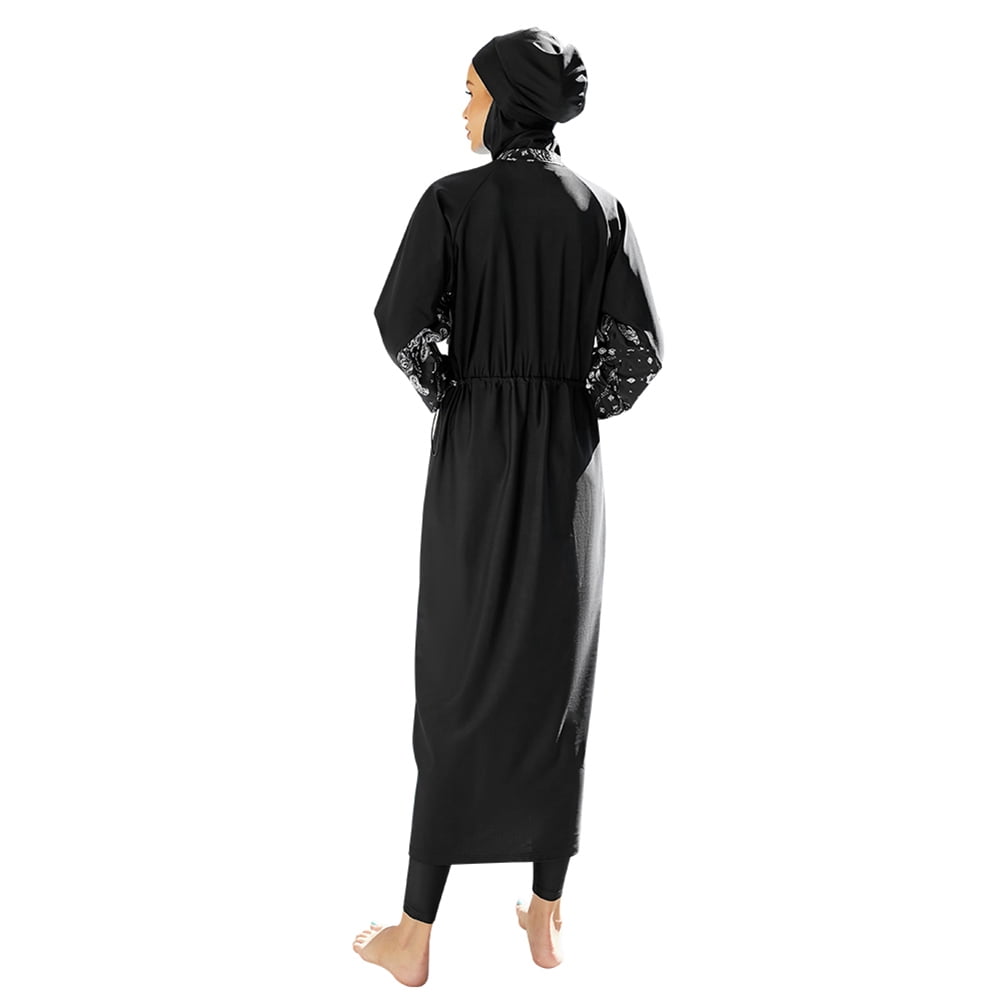 IBTOM CASTLE Muslim Swimsuits for Women Modest Islamic Arabic Swimwear Burkini Full Cover Hijab Top Pants Swimming Cap Bathing Suits S Black - Split Hem