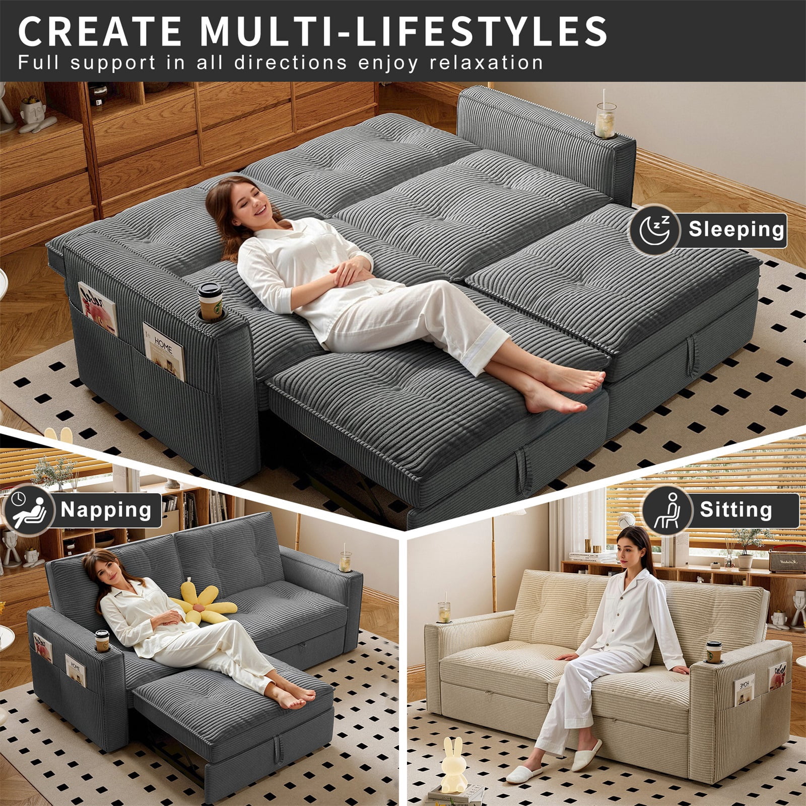 Hommoo 70" Convertible 2-in-1 Pull Out Couch Bed, Multi-Functional Corduroy Loveseat Sleeper Sofa Bed, Gray
