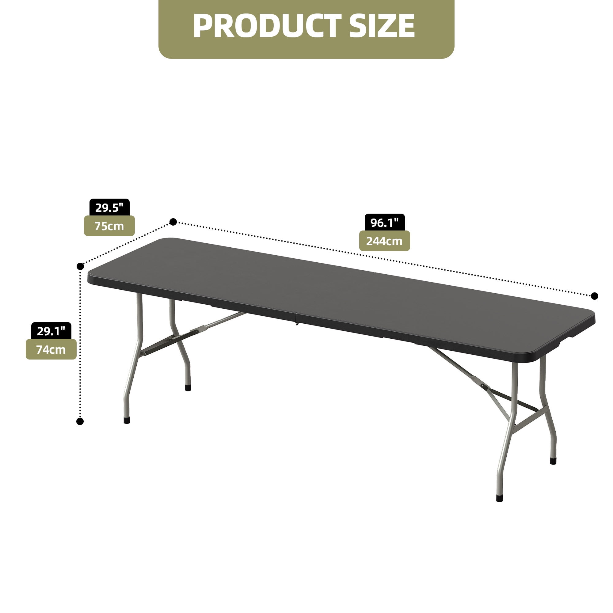 Uforic 8ft Folding Table, Heavy Duty Half-Fold Plastic Table with Carry Handle, Portable Foldable Table for Camping, Picnic, Party, Indoor and Outdoor Events, Black