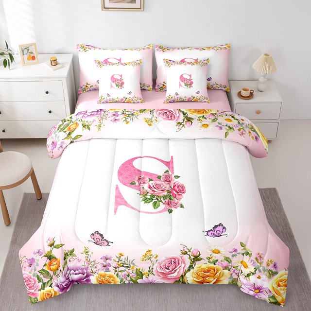 Erosebridal Literie Monogrammée Format Grand, Ensemble de Lit Personnalisé avec Initiale Format Grand, Décoration avec Lettre, Réversible, Léger, 7 Pcs