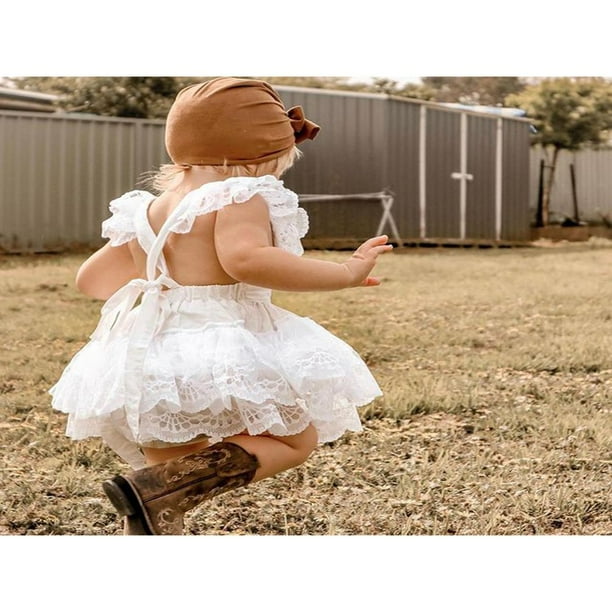 Bebes Filles Robe en Tulle Blanc Volant Manches Dentelle Robes Enfant Cravate Tutu Robes Blanches 12 18 Mois