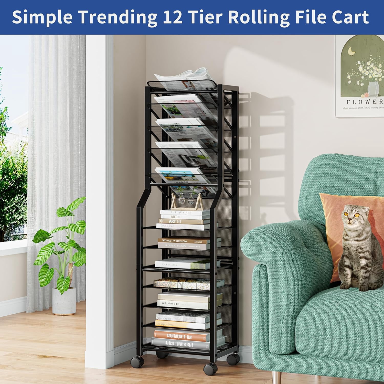 12-Tier Rolling File Cart with Sliding Trays, Metal Mesh Organizer for Office , Black