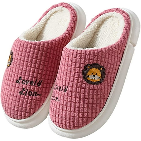 

PIKADINGNIS Unisex House Slippers Cute Lion Embroidery Warm Plush Lined Anti-Slip Bedroom Slippers Indoor Outdoor