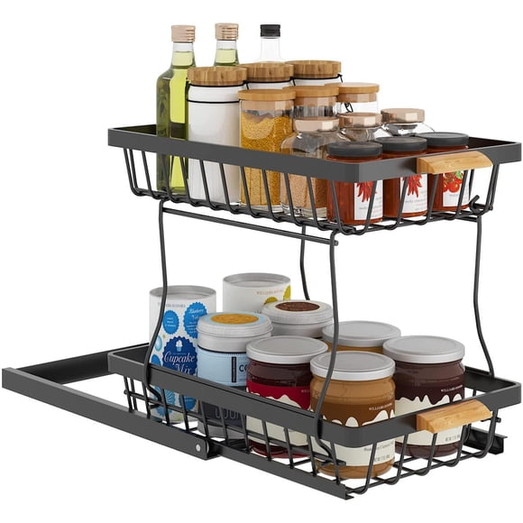 Amdohai Under Sink Cabinet Organizer, Multi-purpose 2-Tier Under Sink Stackable Storage Shelf Rack with Sliding Drawers for Kitchen, Bathroom, Office, Black