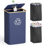 Recycling Bin for Kitchen 26 Gallon, 100L Recycle Bin with Lid and 2 Reusable Inner Bags, for Bottle Can Glass Plastic Stickers, Blue
