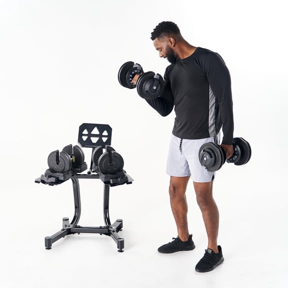 Open Box Echelon Strength Adjustable Dumbbells 752 with Stand - 7 to 52.5 lb Quick Select Free Weights for Home Gym, Metal Grip Dumbbells with Storage Rack and Tablet Holder